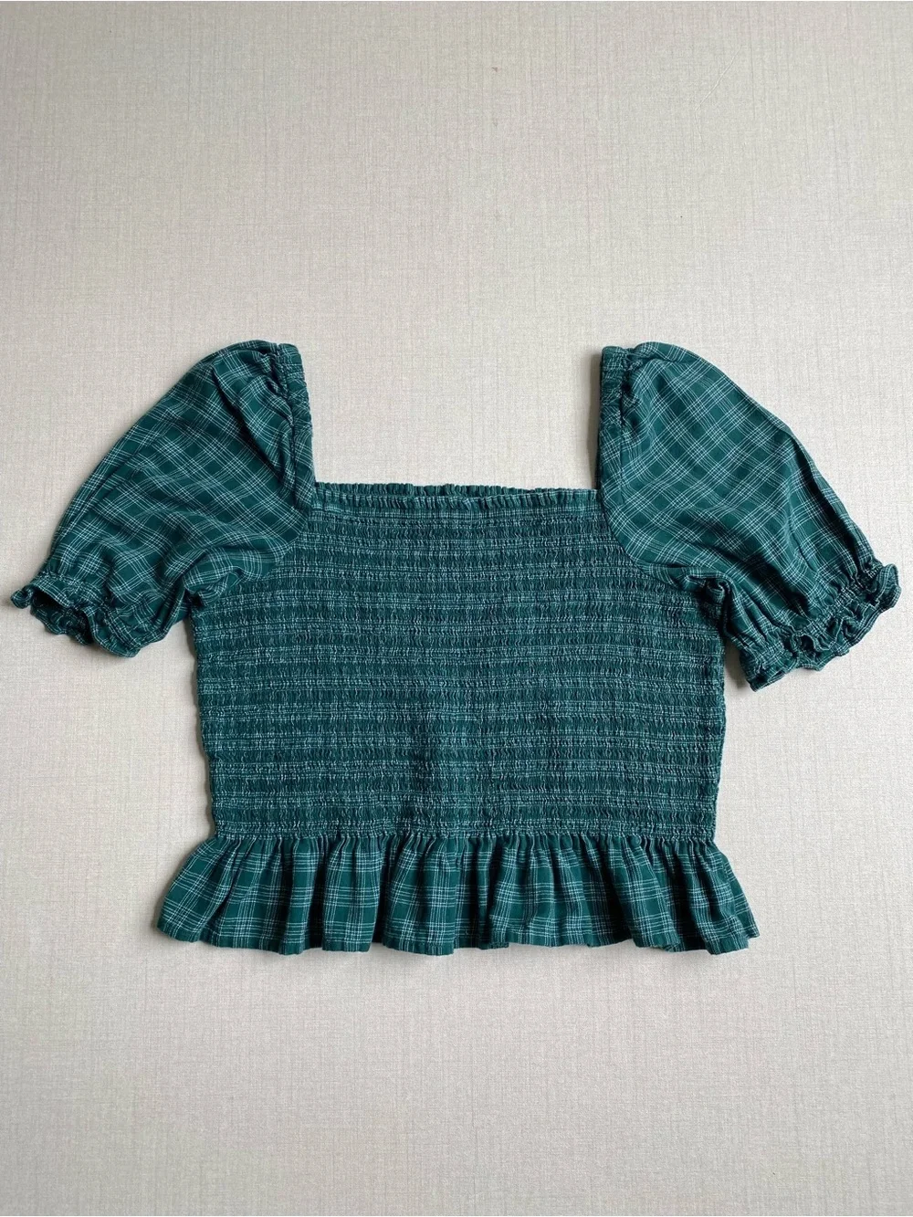 J. Crew Plaid Smocked Square-Neck Top Size M 100% Cotton